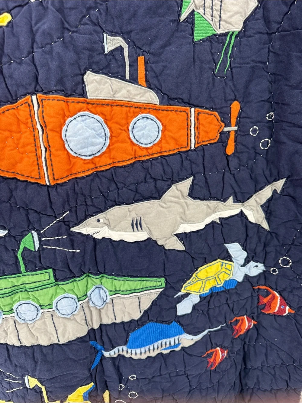Pottery Barn Kids toddler bed Navy Quilt Submarine Marine shark whale 33x46